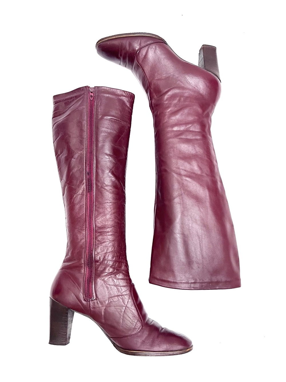 Vintage 1970s burgundy leather knee height zip up heeled fashion boots
